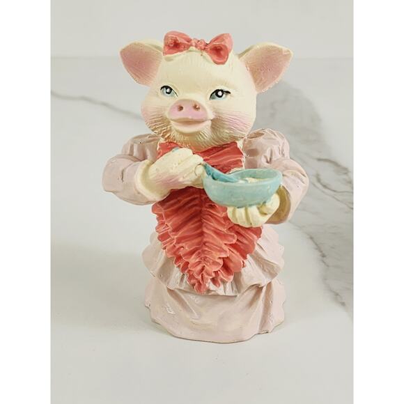 Piglet Pig Lover Piggy w/ Bow Cute Dress Cooking 3 1/2" Figurine 80s Home Decor - Picture 2 of 13